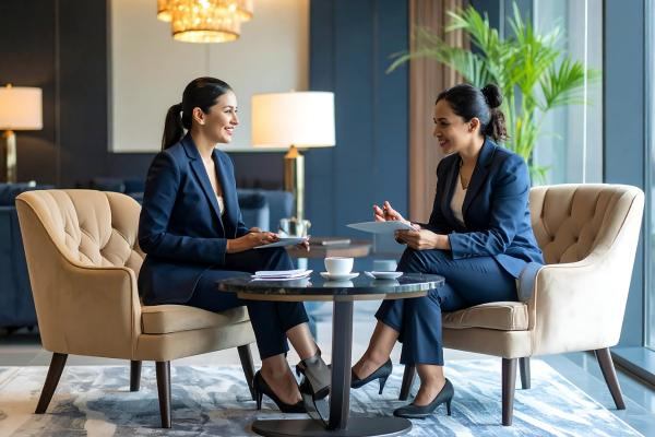 Professional interior designer discussing custom floor plans with a happy client during a consultation