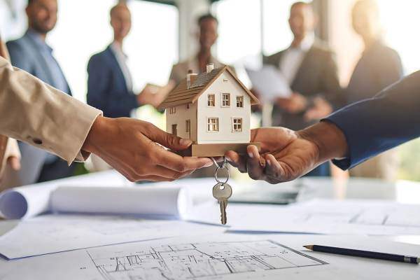 Interior designer handing over keys to happy clients during final project handover