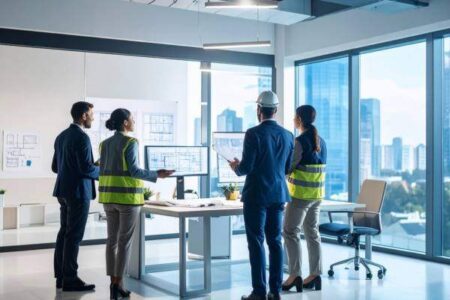 Professional interior execution team coordinating installation work at project site